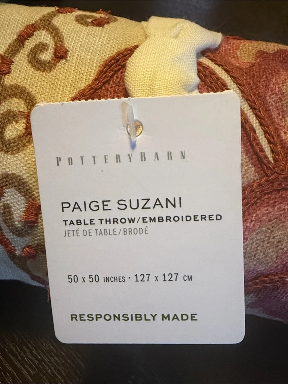 Pottery Barn Paige Suzani Embroidered Cotton Table Throw New! NLA 50” x 50”